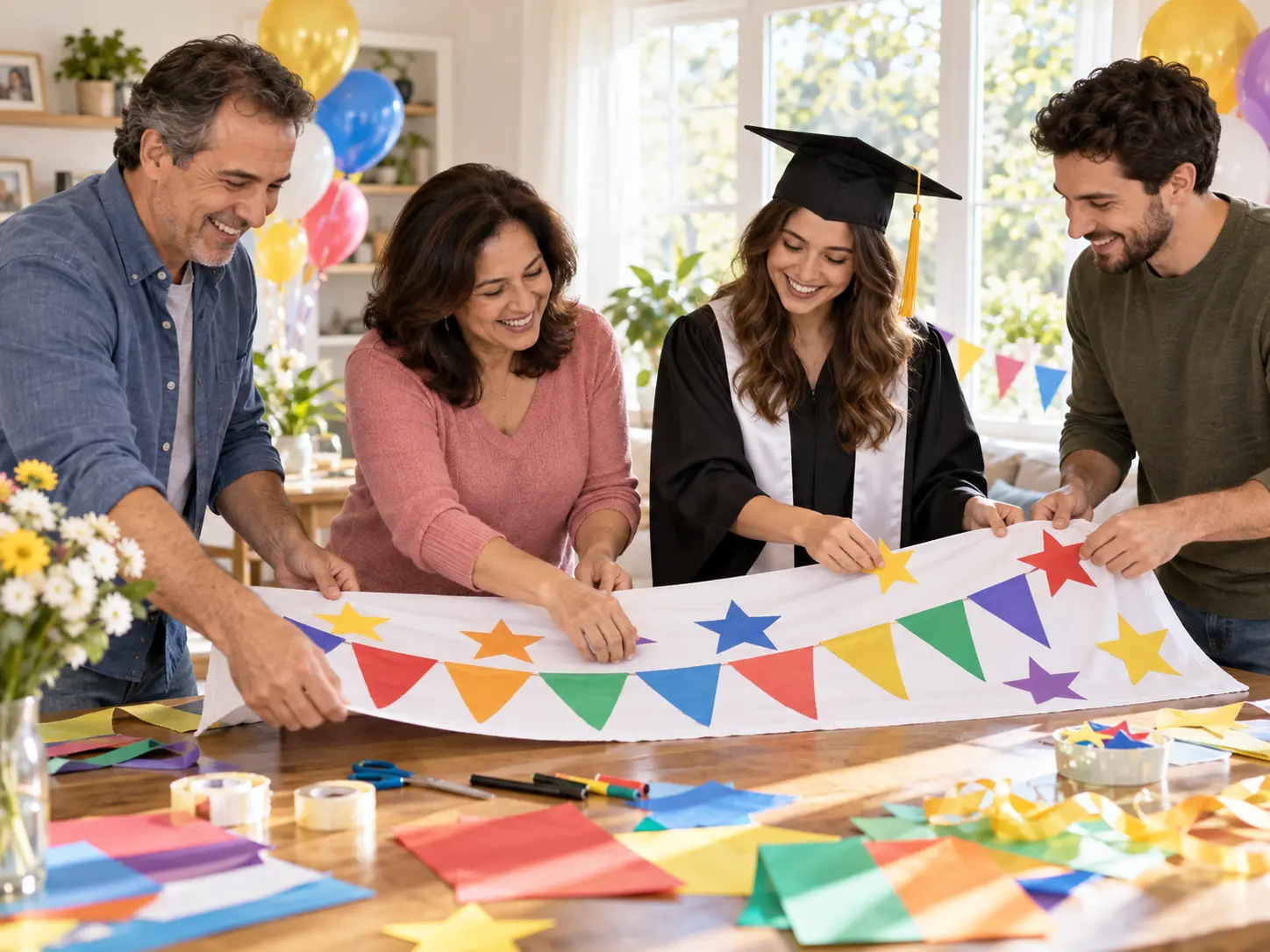 Family preparing a personalized graduation party banner