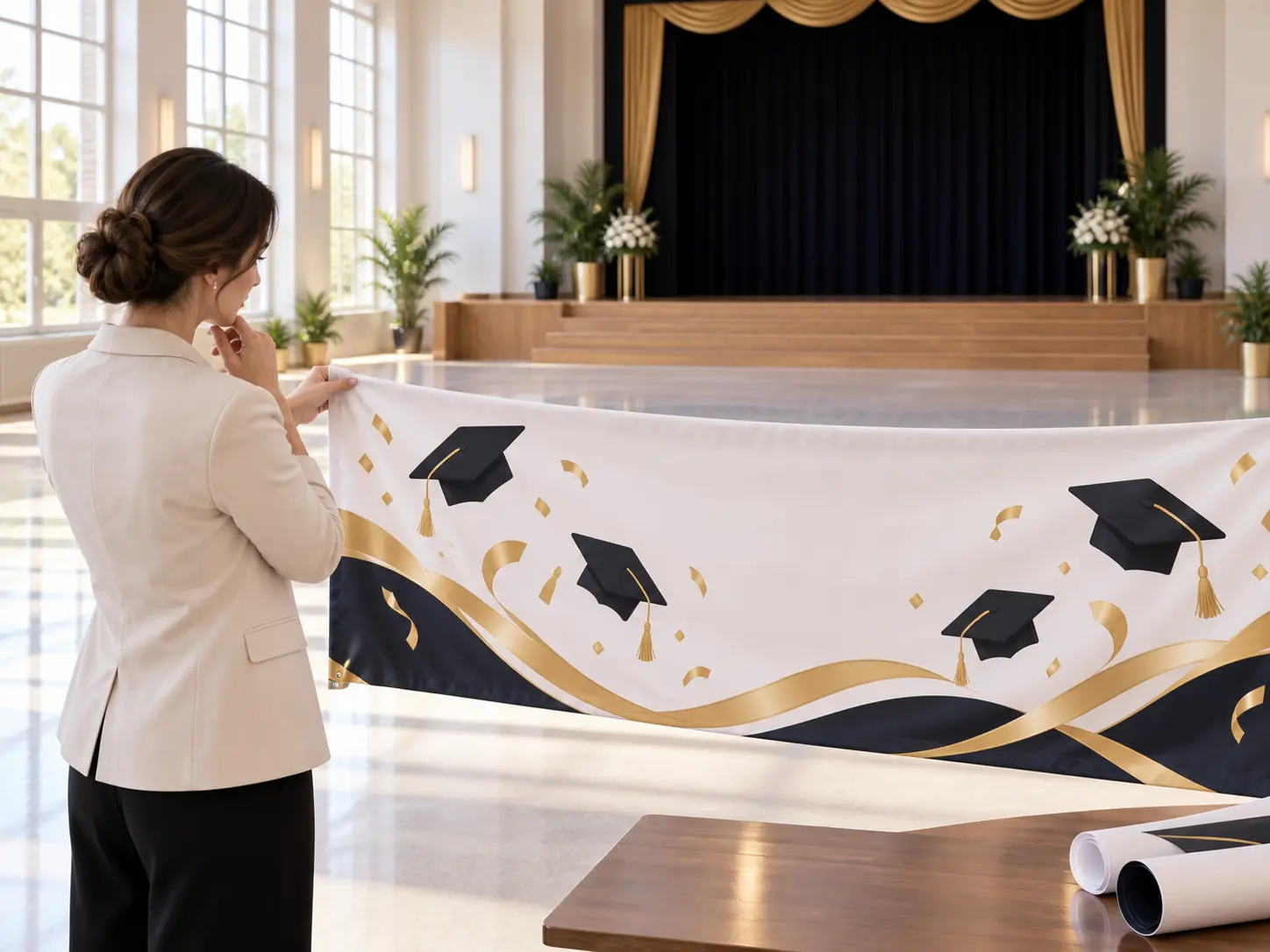 Educator reviewing a formal school graduation banner concept