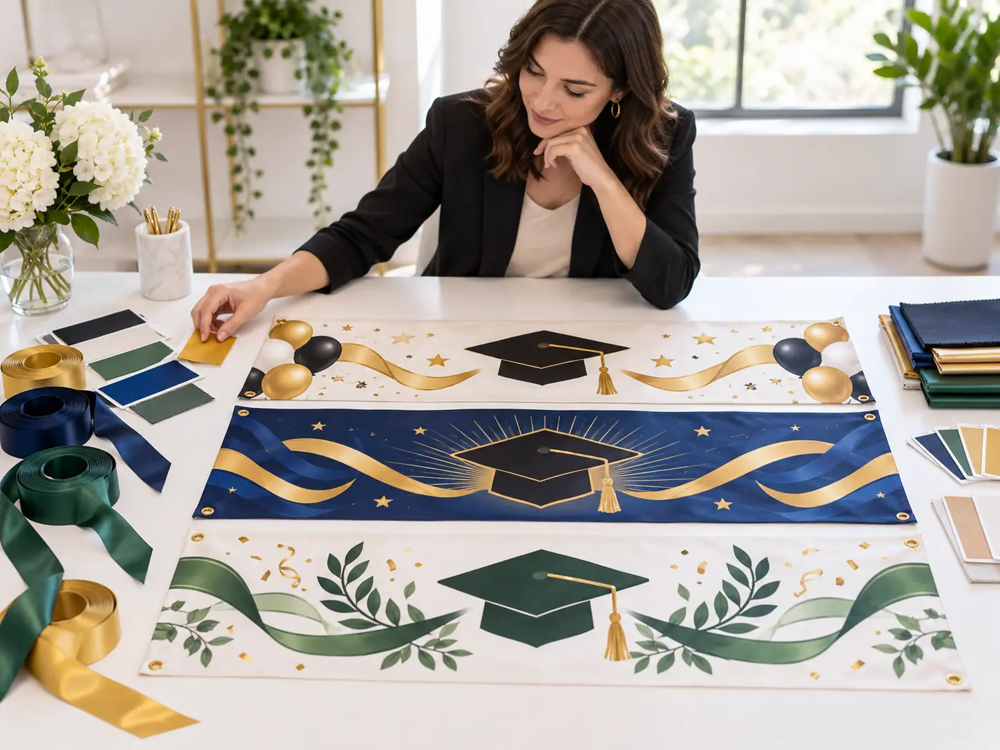 Event planner comparing wide graduation banner concepts