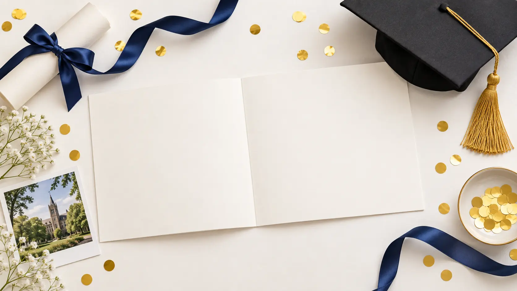 Graduation poster making table with a portrait, cap, ribbon, and clean open space