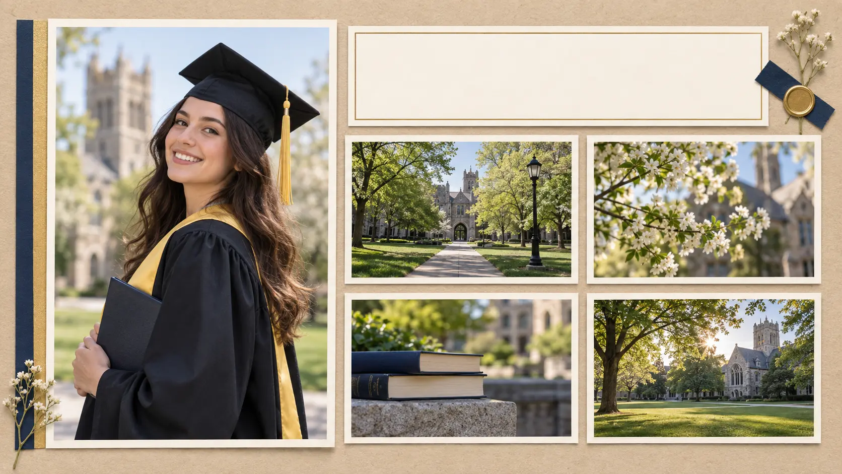 Photo collage layout with graduation portraits, campus snapshots, and clean spacing