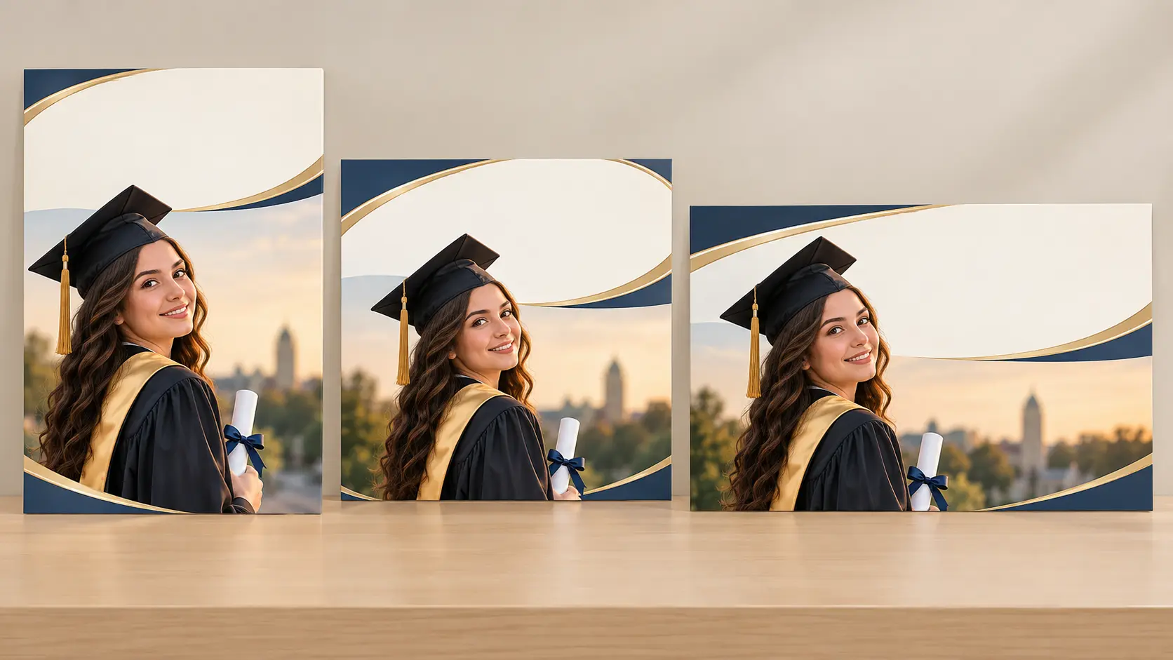 Graduation poster proof shown in portrait, square, and landscape formats on a studio table