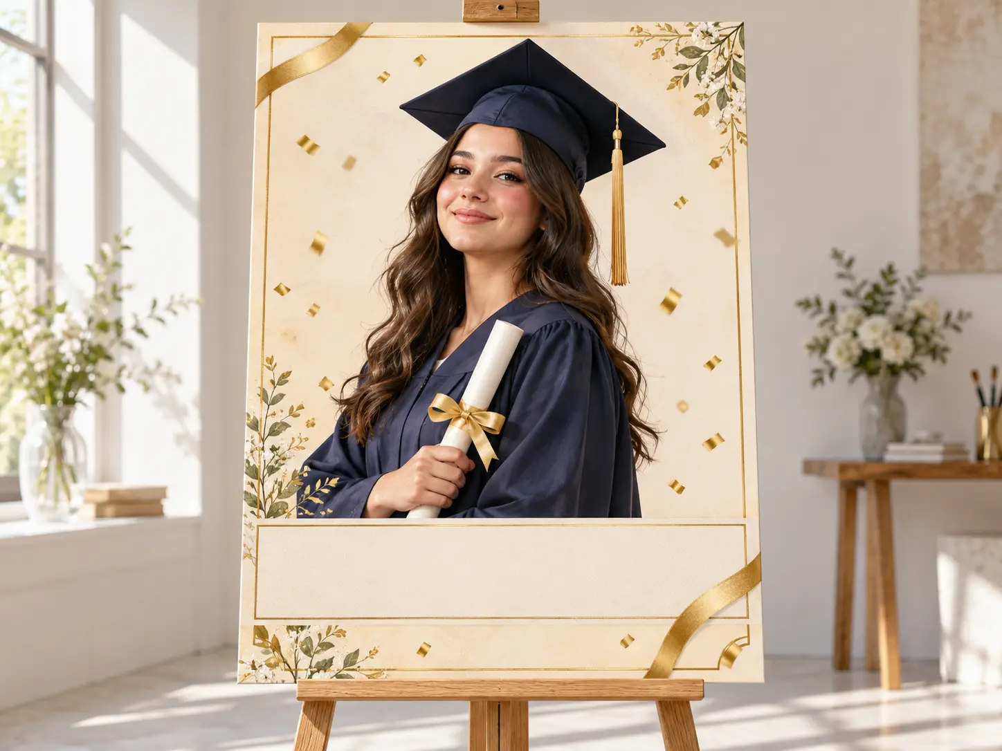 Graduation poster concept with a confident graduate portrait, navy and gold accents, and open title space