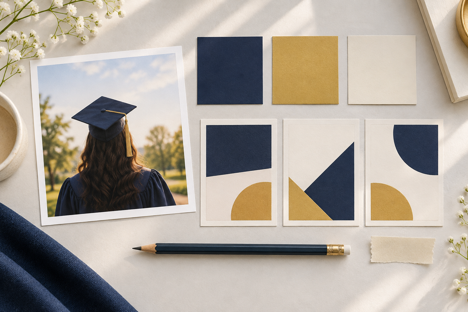 Graduation planning table with a blank poster thumbnail, portrait print, school color swatches, and pencil