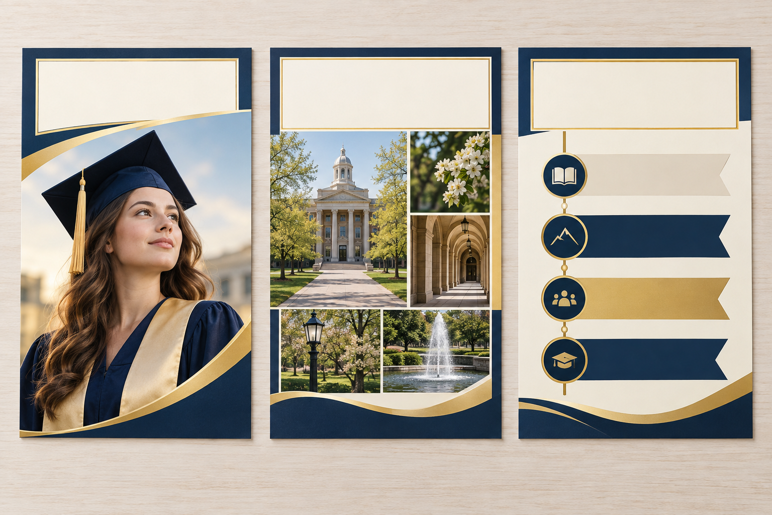 Three distinct graduation poster proof concepts displayed side by side for comparison