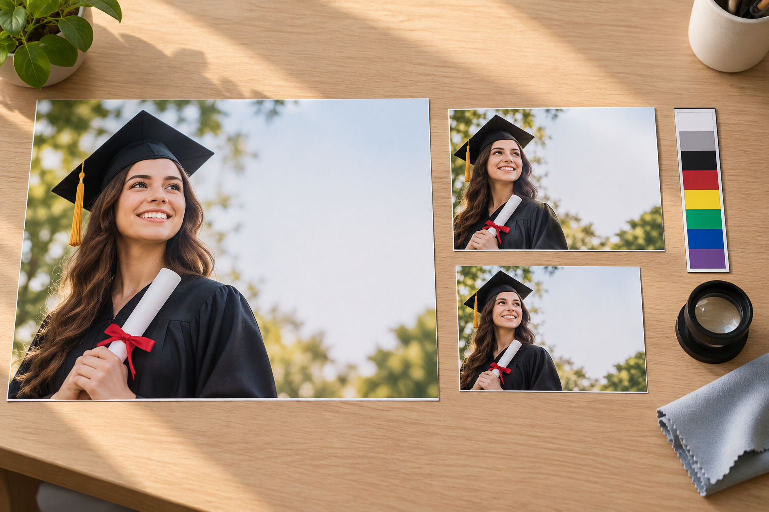 Final graduation poster proof reviewed in multiple print formats with a color guide