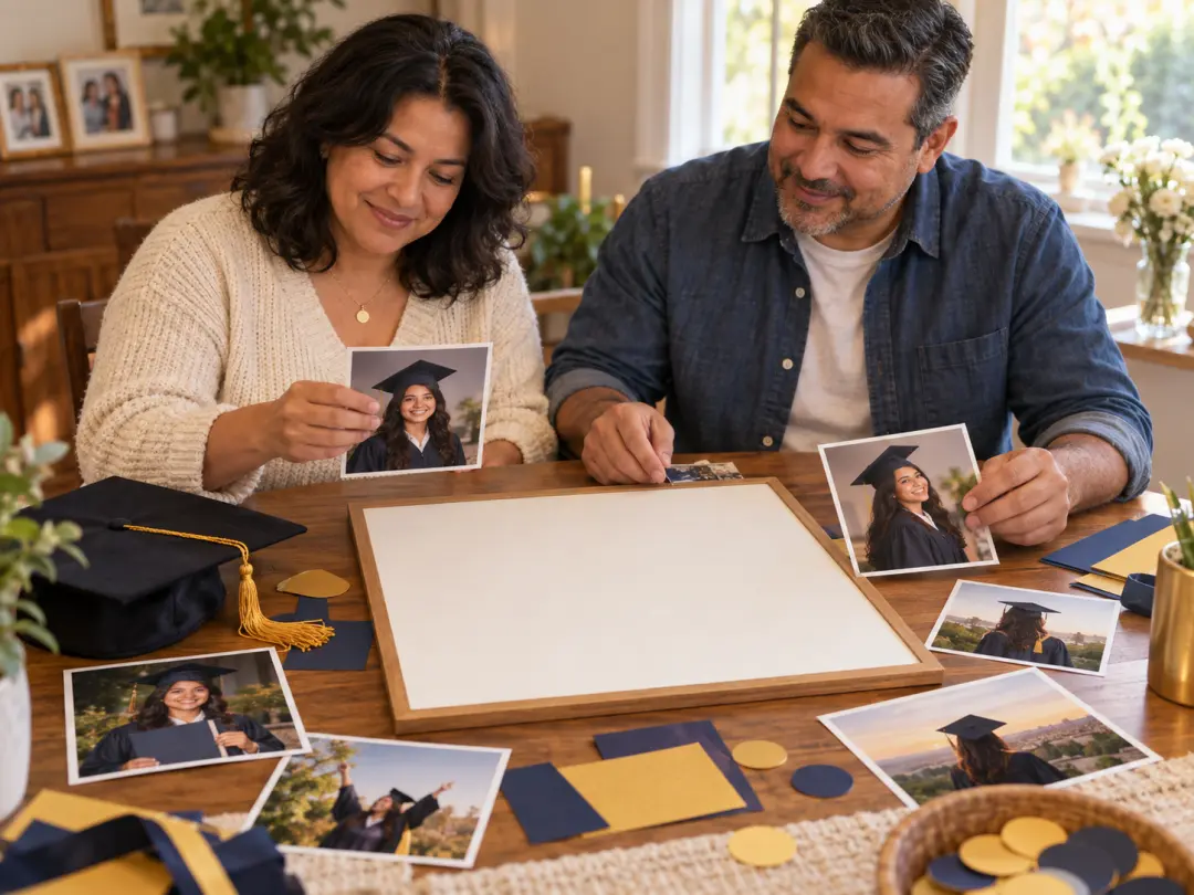 Family members arranging graduation portraits and keepsake materials at a bright table