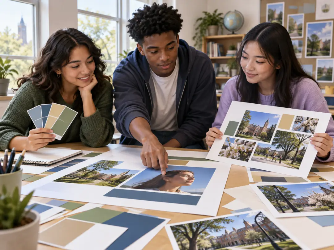 Student organizers comparing graduation celebration poster layouts in a school workspace