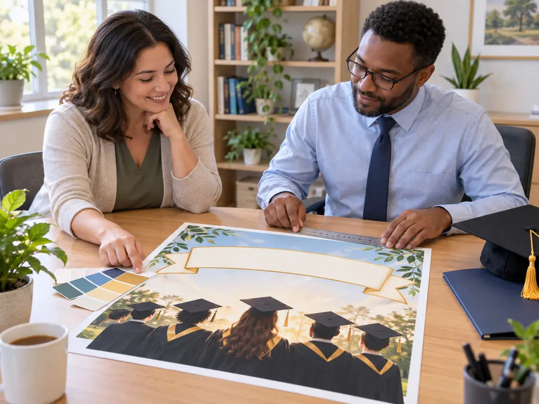 Teacher and advisor reviewing a graduation poster proof in a bright staff room