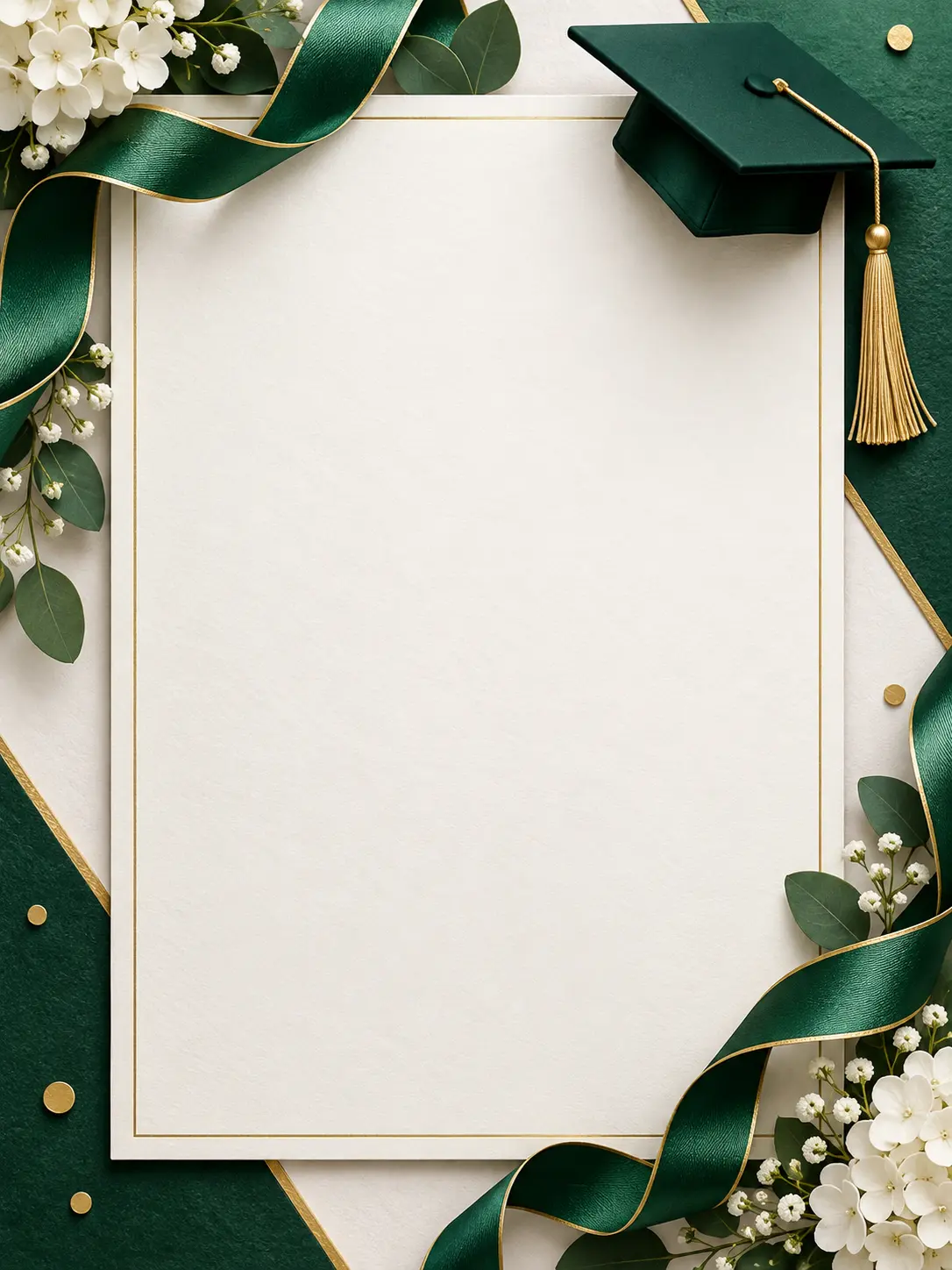 A graduation celebration artwork with emerald and white accents, one small mortarboard ornament near the upper edge, ribbon details, and a clean central blank area