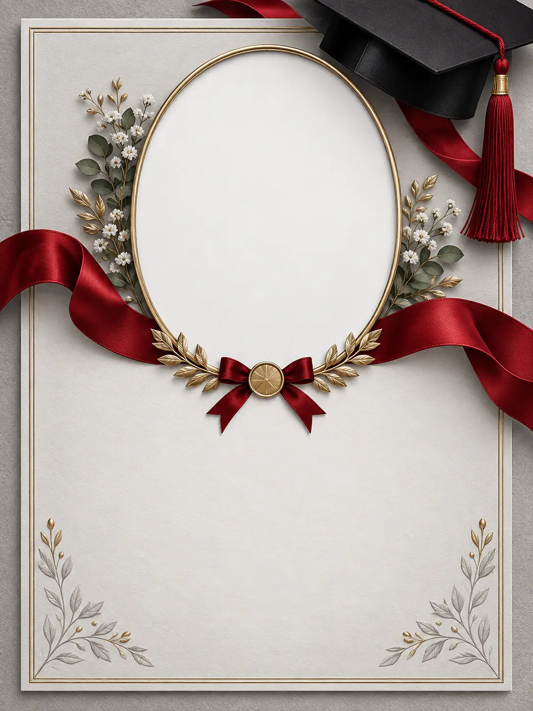 A graduation keepsake layout concept with one blank oval photo area, crimson ribbon accents, soft gray paper, restrained white space below, and subtle formal details