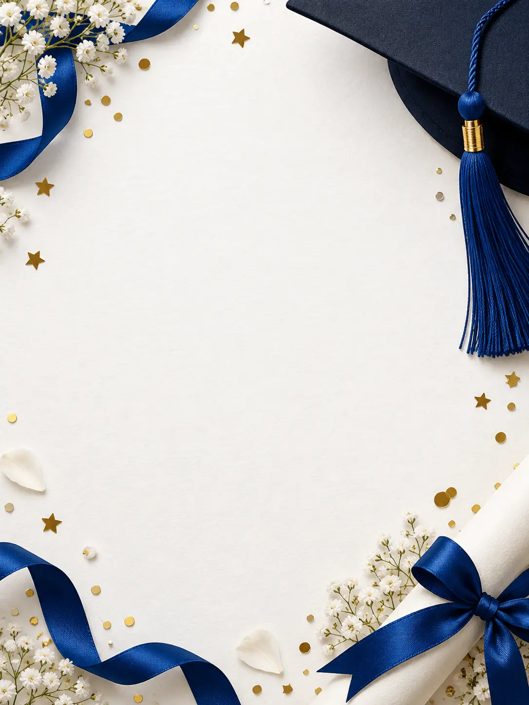 A graduation save-the-date background with white paper texture, a cobalt tassel in one corner, delicate confetti, and generous blank space in the center