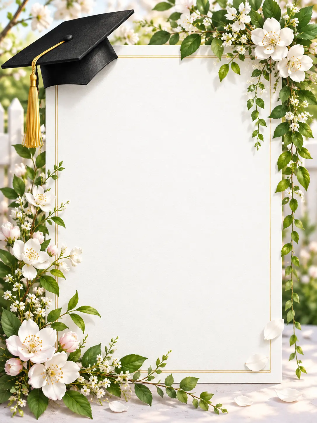 A bright spring garden graduation artwork with delicate blossoms, trailing greenery, one small illustrated mortarboard, and a quiet white center reserved for party details