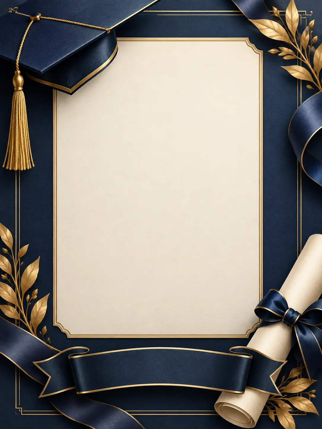 An elegant navy-blue and muted-gold graduation invitation concept with a blank ribbon, rolled diploma shape, fine border, and refined formal styling without lettering