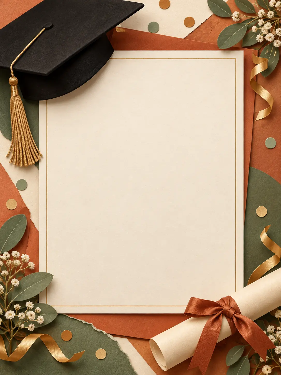 A warm graduation party artwork with terracotta, sage, and cream paper layers, abstract celebratory confetti shapes, and a clean central space for details