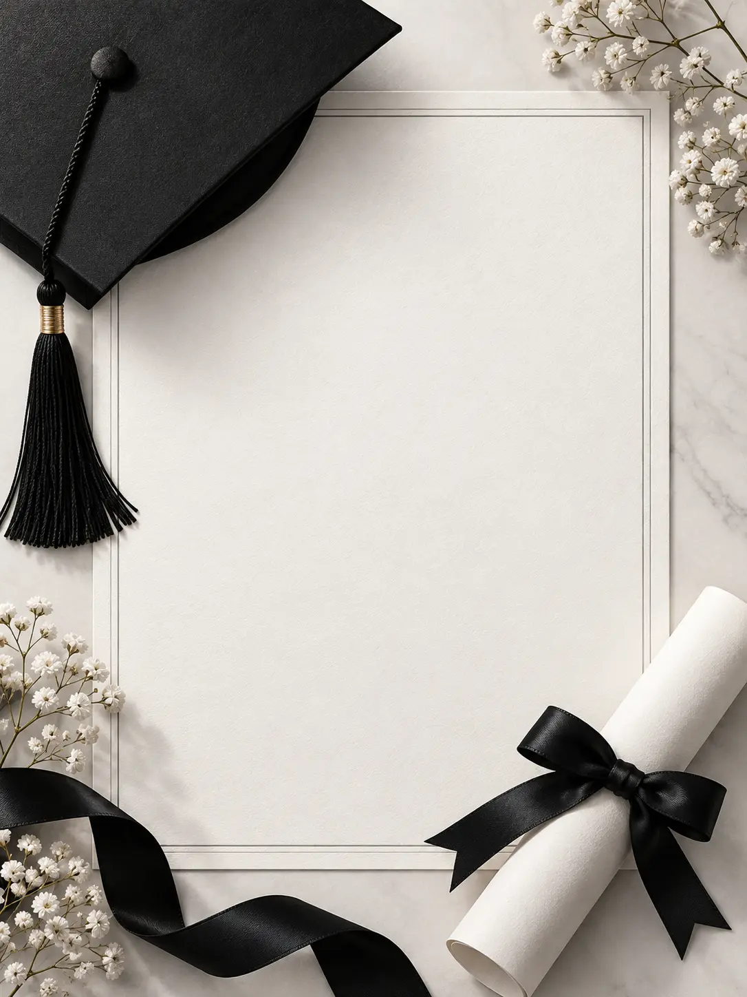 A minimalist black-and-white graduation art direction with one simple cap silhouette, a rolled diploma with blank ribbon, soft paper grain, and extensive negative space