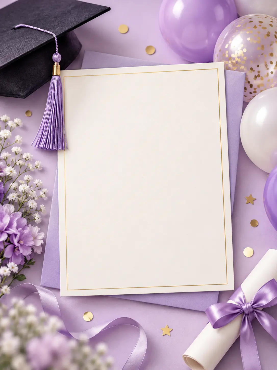 A contemporary pastel lavender graduation celebration composition with softly colored balloons, a small tassel accent, blank card layers, and bright uncluttered space for details