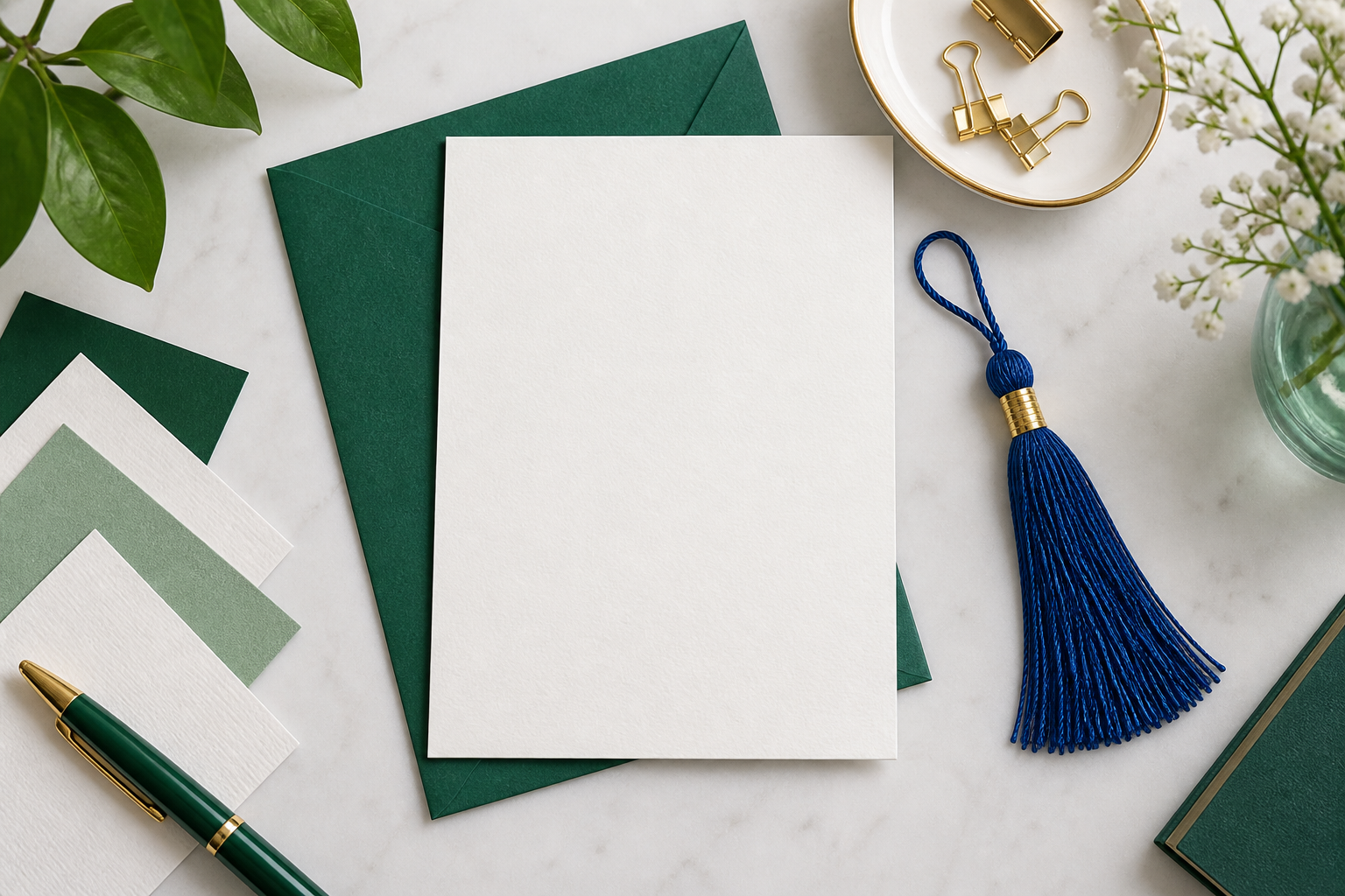 Invitation planning desk with color swatches and a blank graduation card background