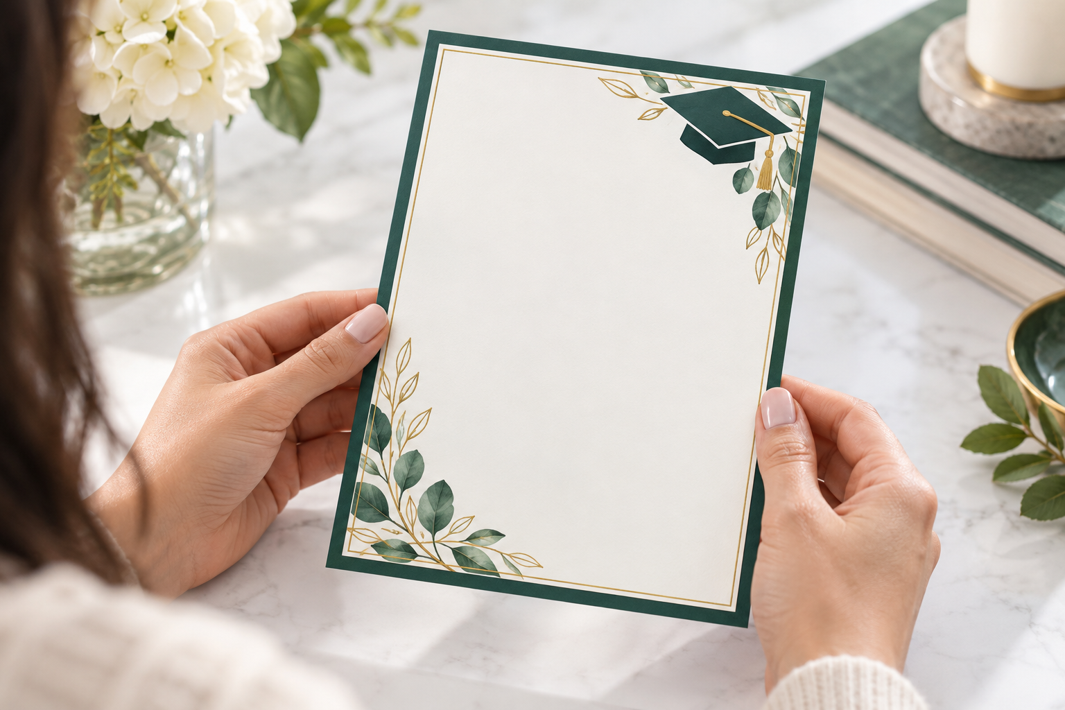 Hands inspecting a graduation invitation background with emerald accents and an empty central area