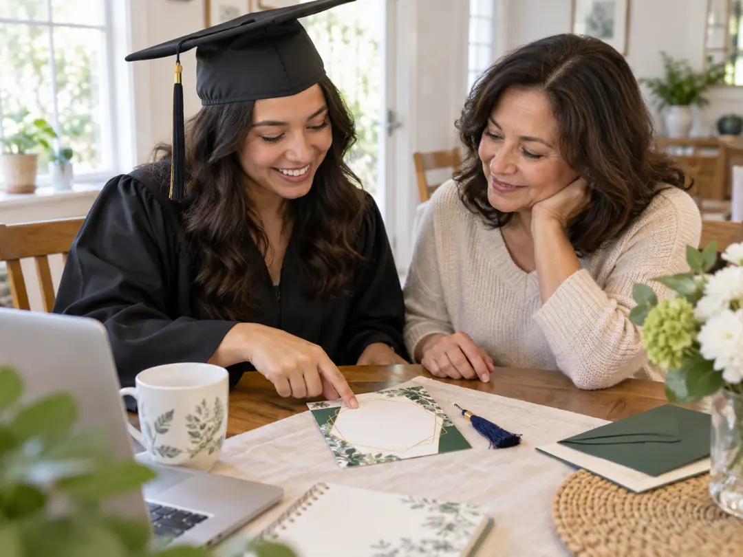 Graduate and parent discussing a blank graduation invitation design at a bright dining table