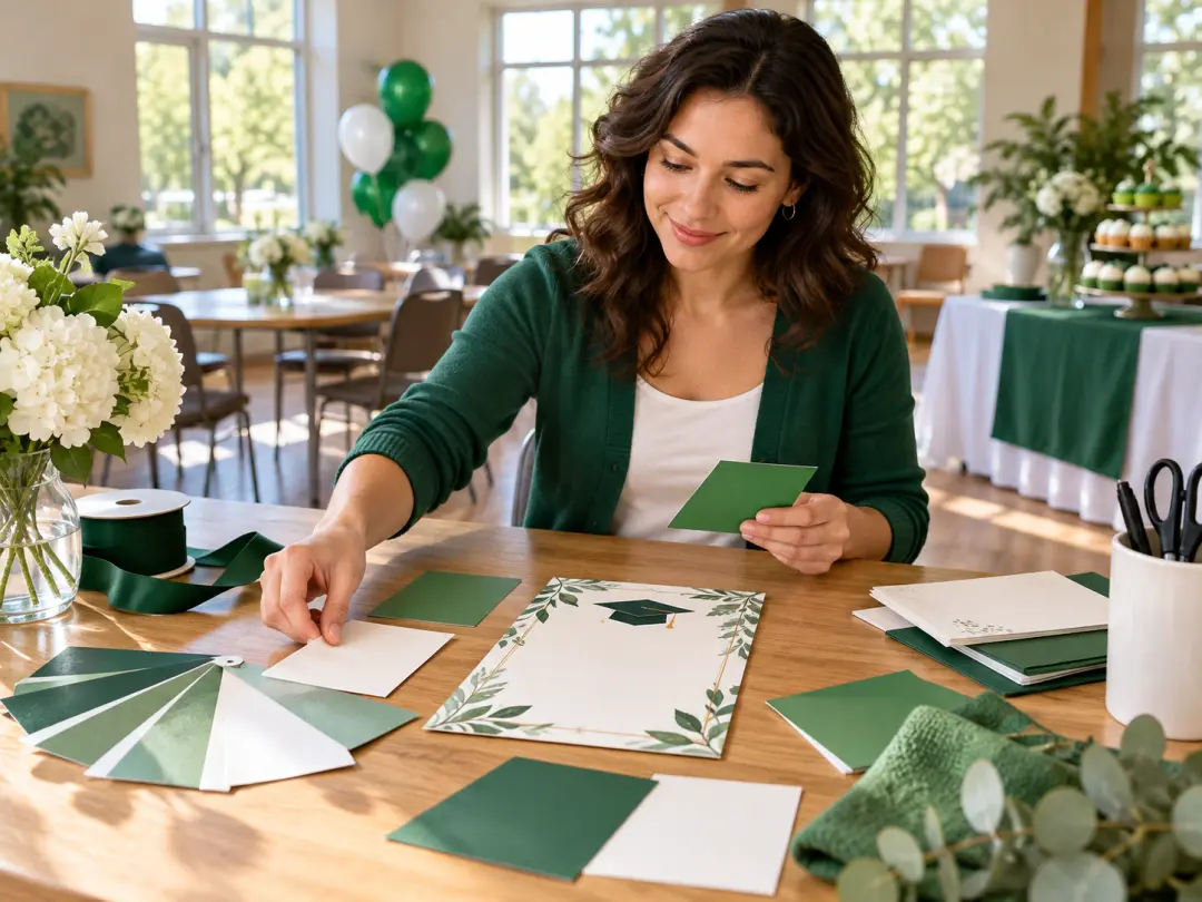 Class celebration organizer arranging plain school-color paper samples in a sunny meeting room