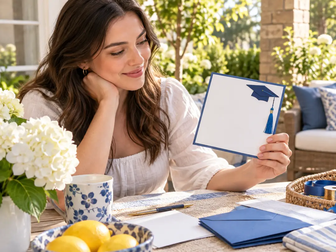 Event host choosing a text-free blue-tassel graduation card background on a sunlit patio