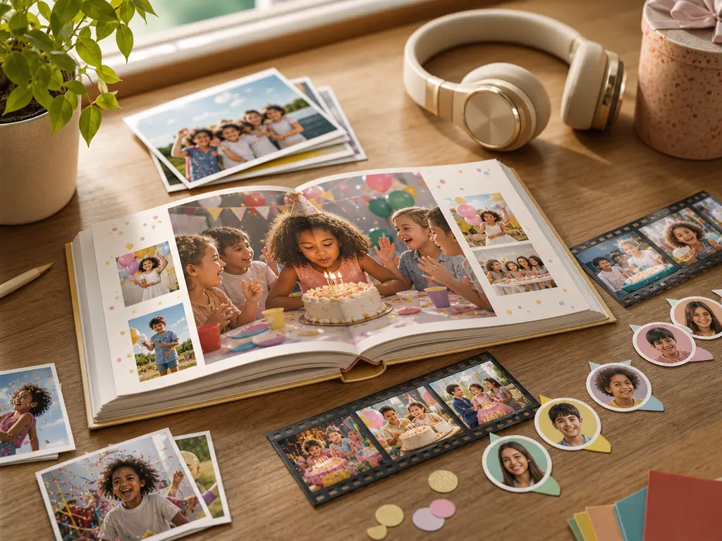 Workspace with birthday photos, video clips, audio references, and @ labels