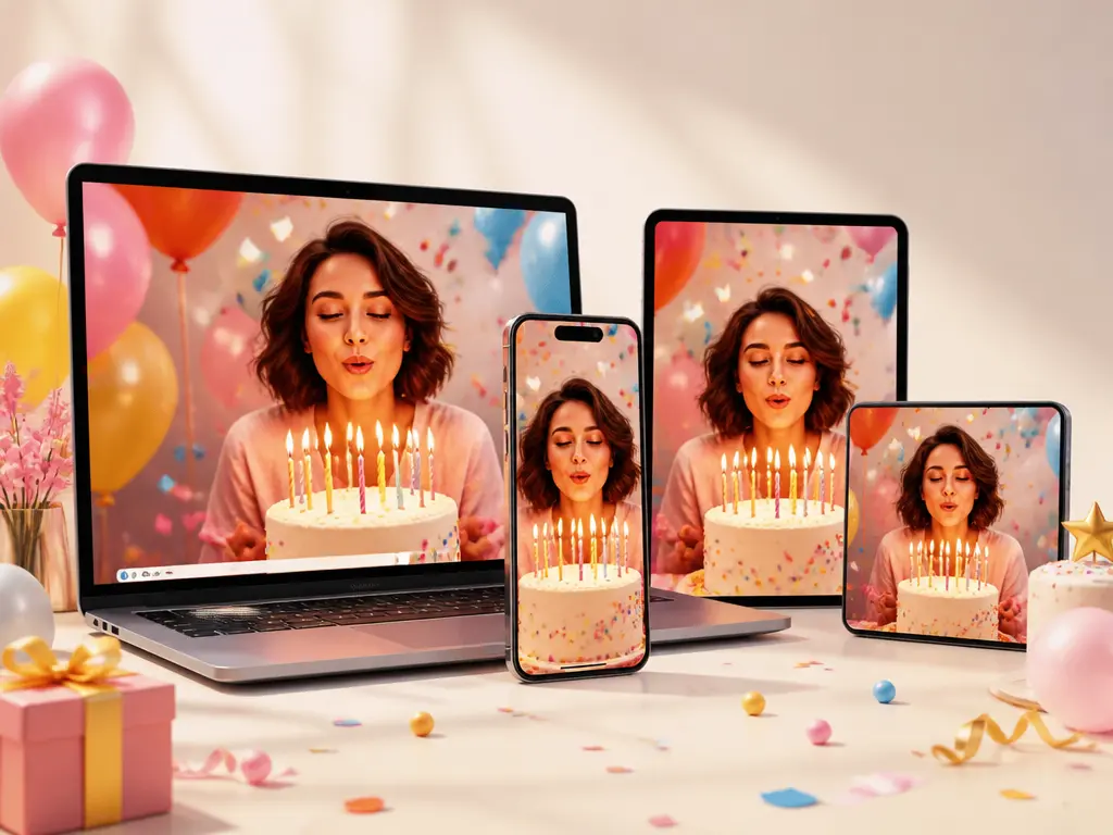 Birthday video preview prepared as 16:9, 9:16, 1:1, and 4:5 MP4 output