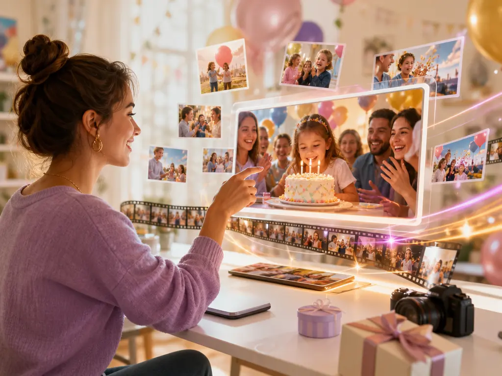 Creator arranging birthday photos, video clips, audio, and a prompt for VideoAI