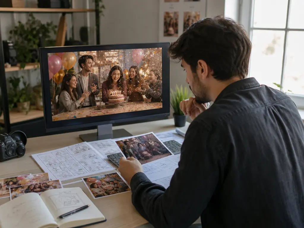Video creator planning a birthday scene from a script and reference photos