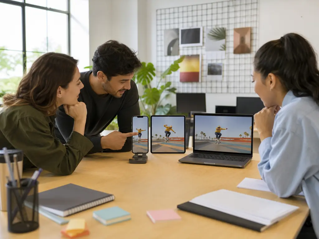Social content team comparing portrait, square, and landscape video formats