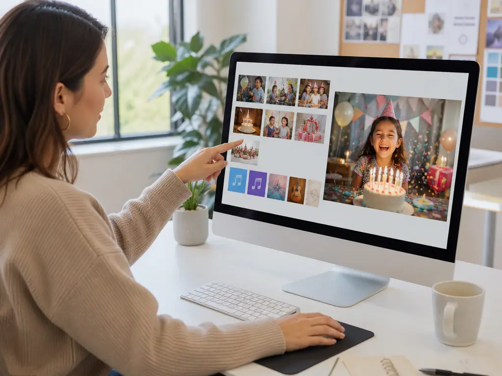 Marketer assigning photo, video, and audio references for a birthday video