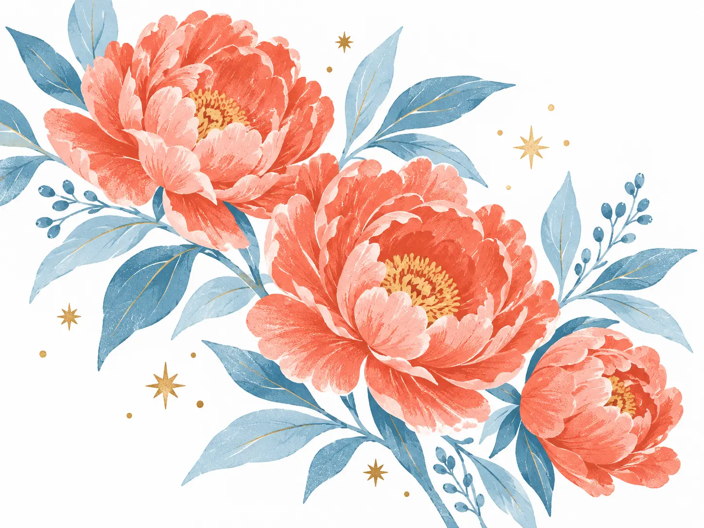 Modern floral birthday artwork with coral peonies, blue accents, and a restrained celebratory composition