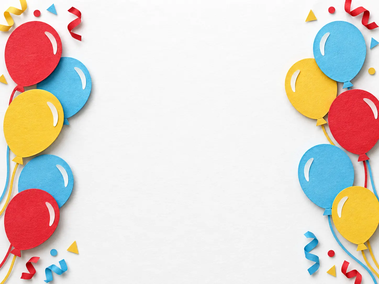 Birthday artwork with colorful paper-cut balloons around the edges and a clear central area for a name and wish