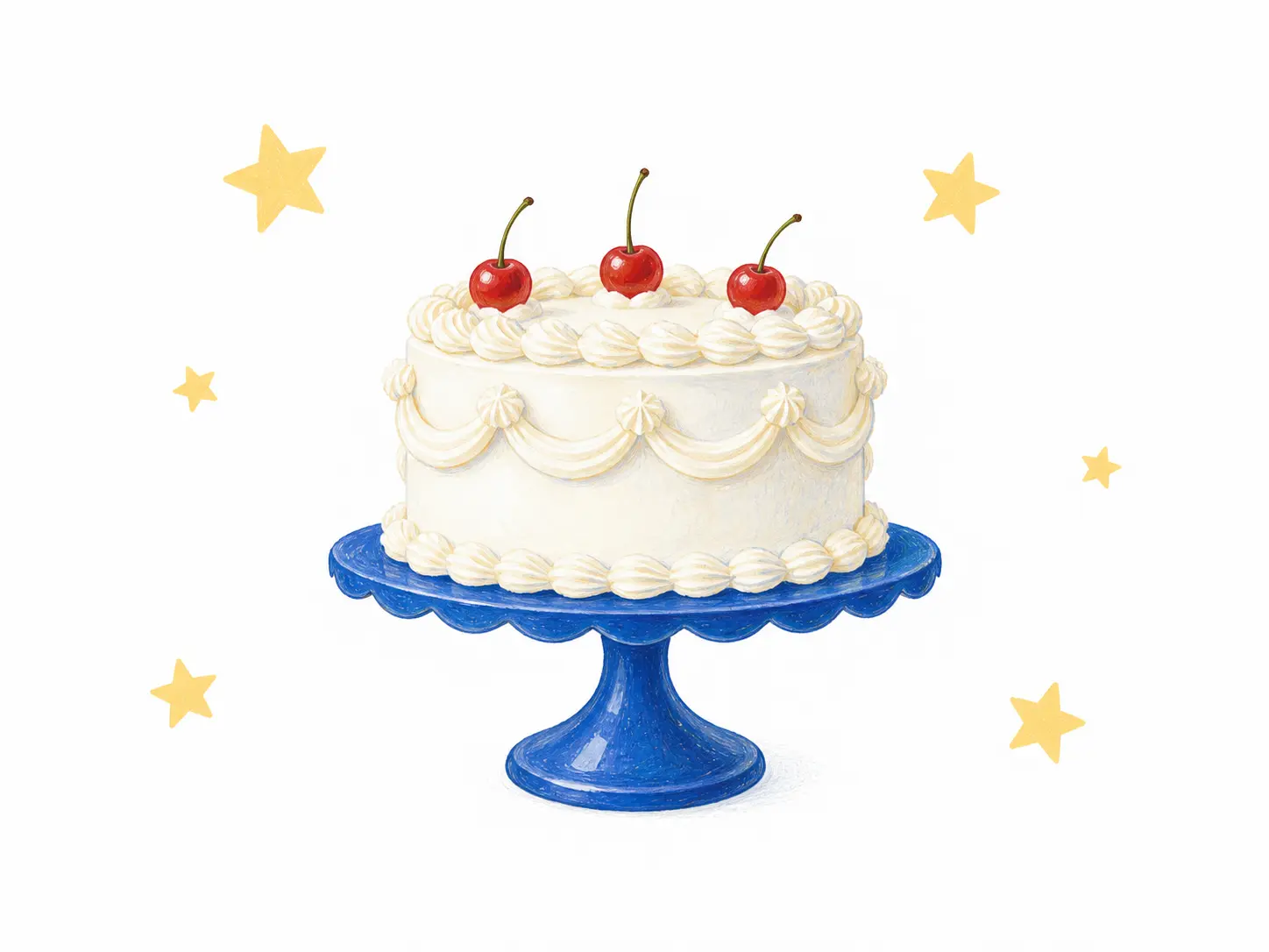 Birthday card illustration with a centered cake, small decorative stars, and generous safe margins