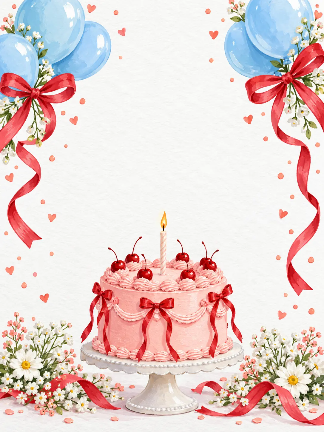 Birthday poster artwork with a celebration cake, cherry-red ribbons, pastel balloons, and space for a personal message