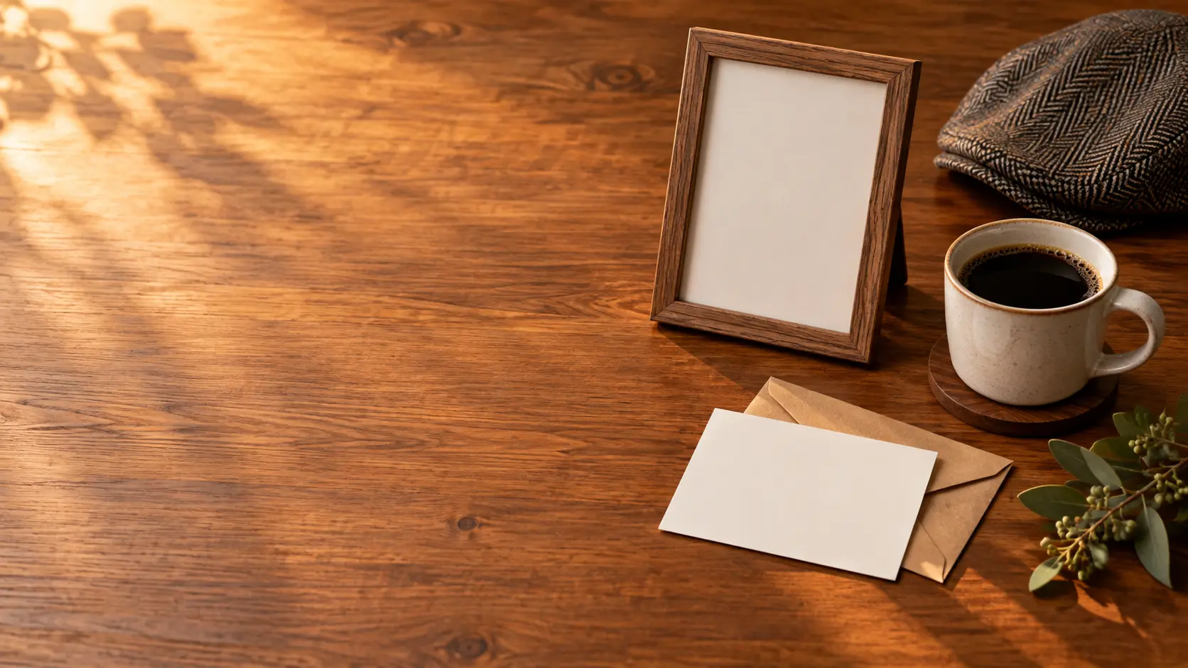 Warm wooden desk with a picture frame, a blank card and a cup of coffee leaving space for a call to action