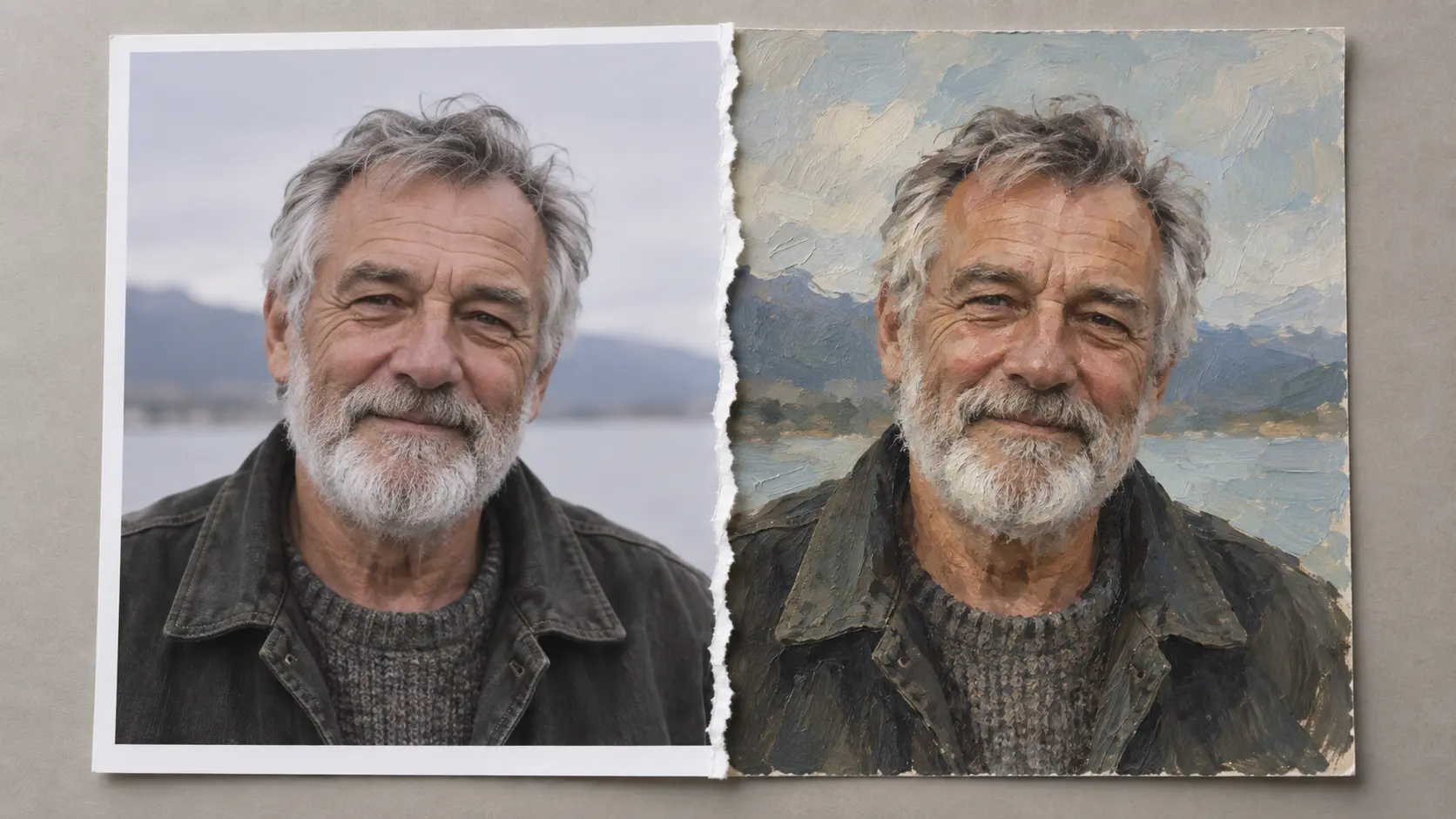 An uploaded photograph beside a generated painted Fathers Day tribute