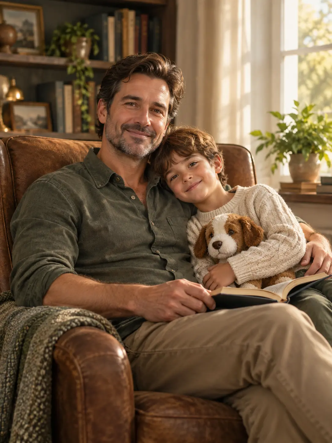 Warm Fathers Day portrait of a smiling father beside a sunlit window in a welcoming armchair