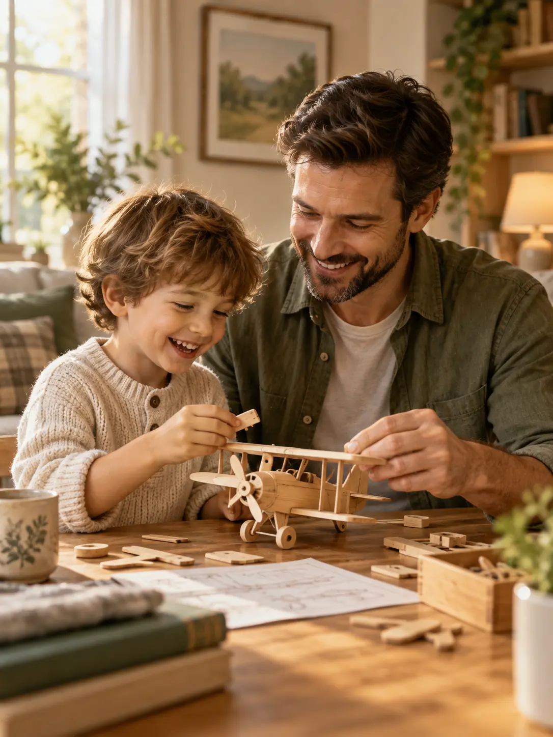 Father and child smiling together while building a wooden model at a sunlit table