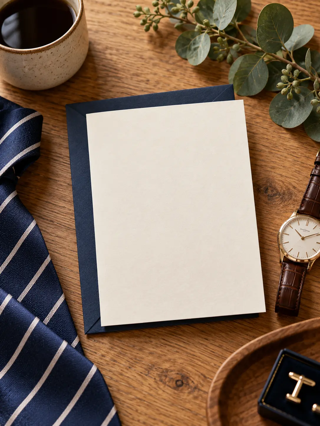Elegant blank Fathers Day card front styled with a tie, watch and eucalyptus on warm oak