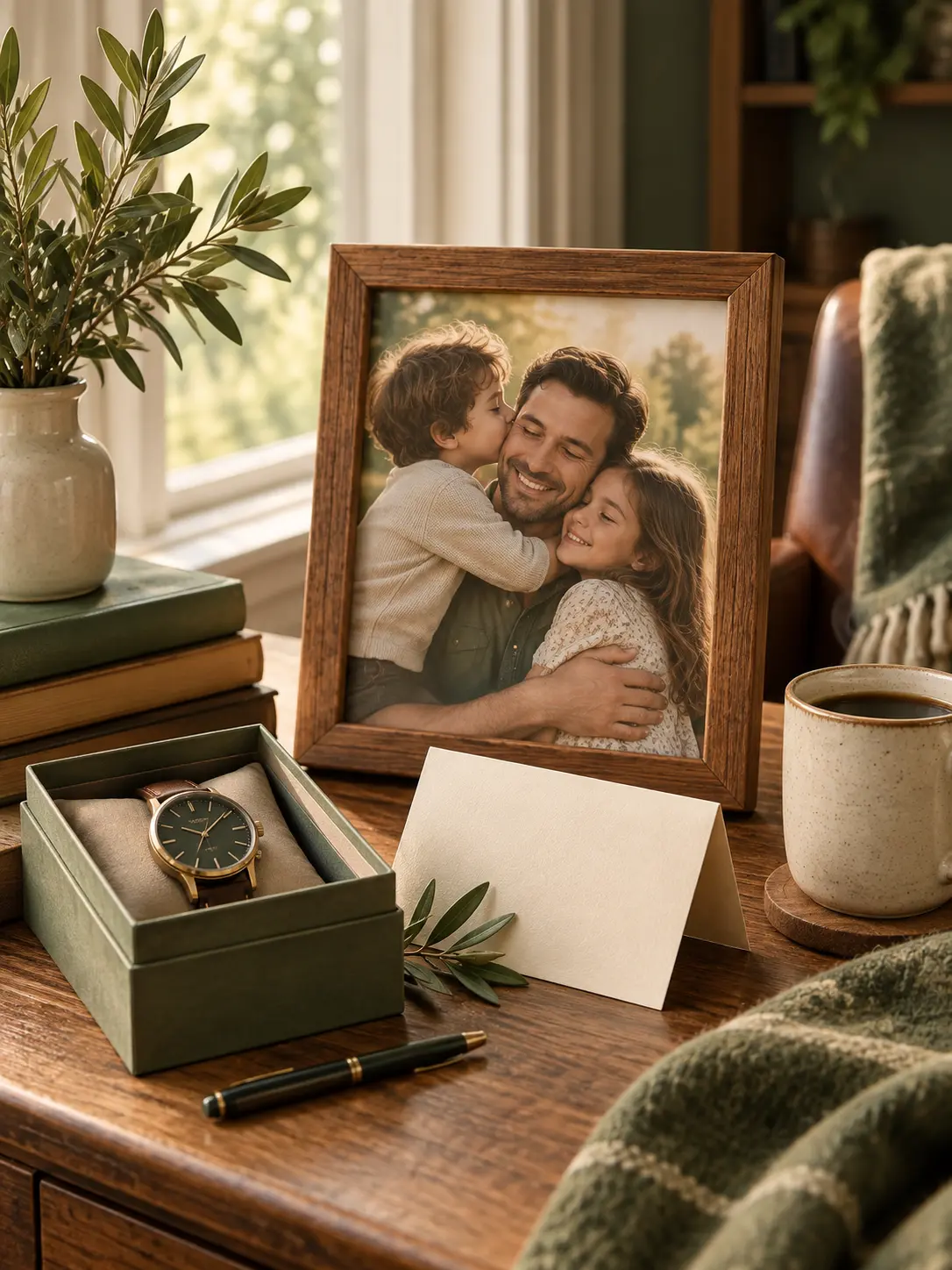 Thoughtful Fathers Day keepsake scene with a framed family photo and wrapped gift details