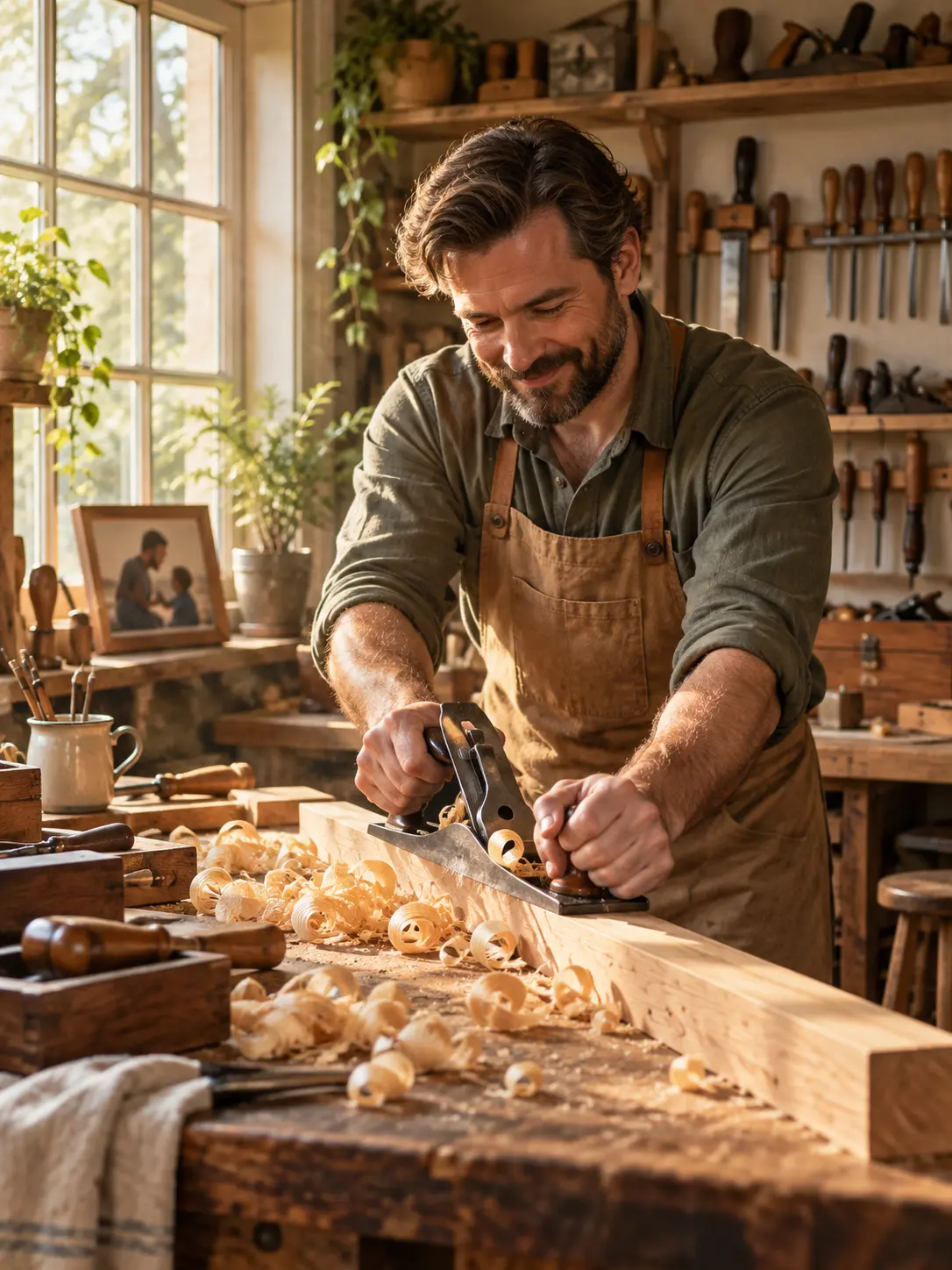 Happy father working at a woodworking bench surrounded by hand tools and wood shavings