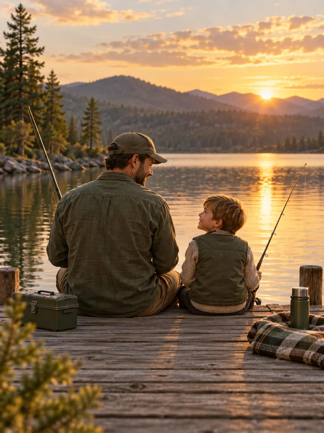 Father and child sitting together on a lakeside dock during a golden-hour fishing trip