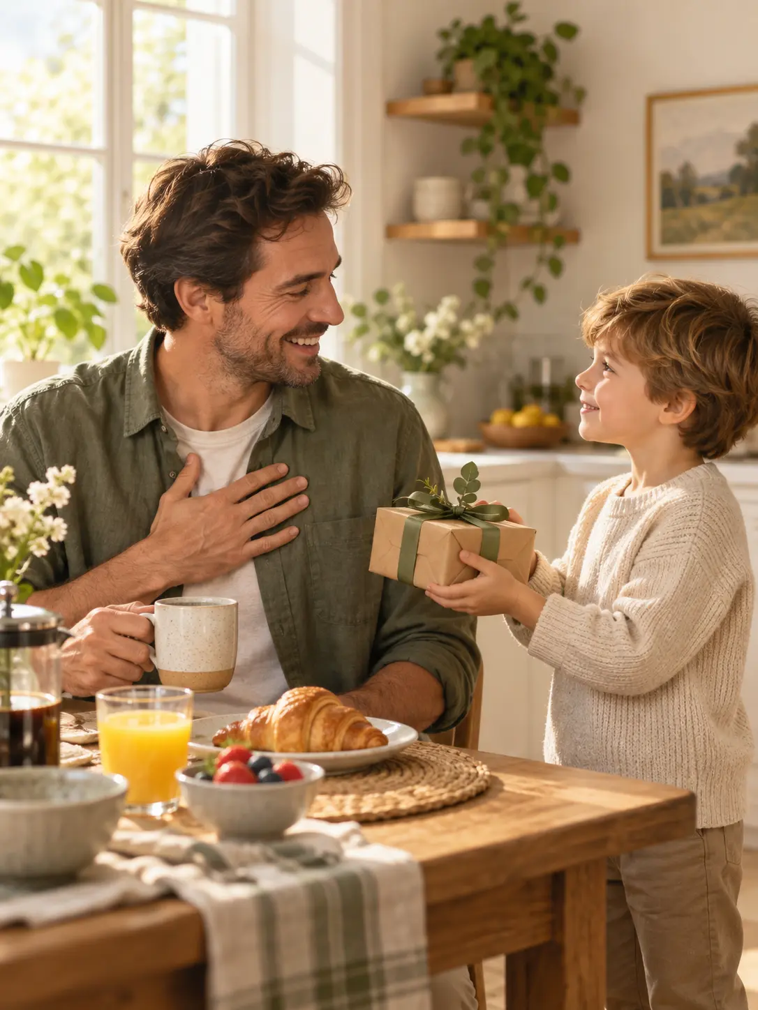 Relaxed father receiving a small gift during a warm family breakfast with coffee