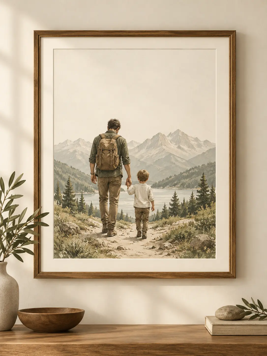 Minimal framed Fathers Day illustration of a father and child walking toward mountains