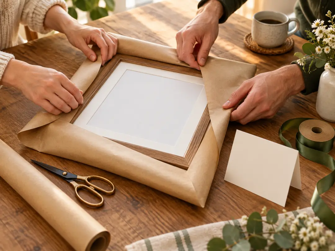 Family preparing a framed Fathers Day picture as a gift at a table