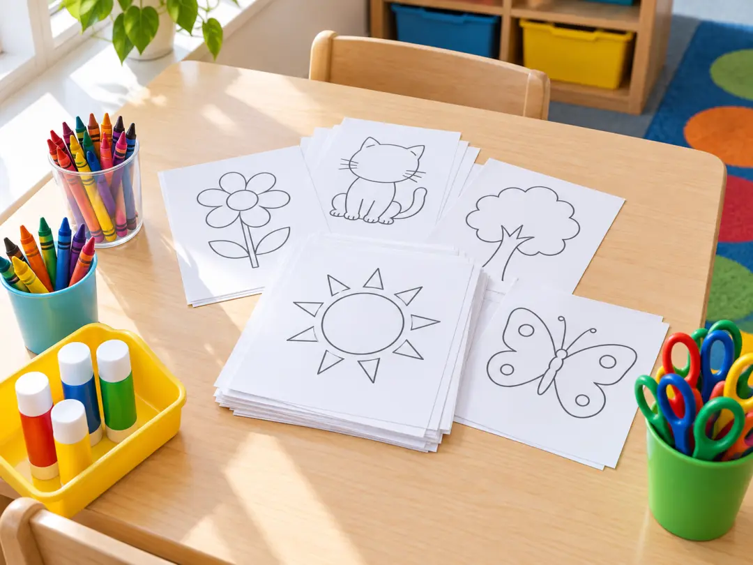 Classroom table with printed Fathers Day picture sheets and crayons ready to decorate