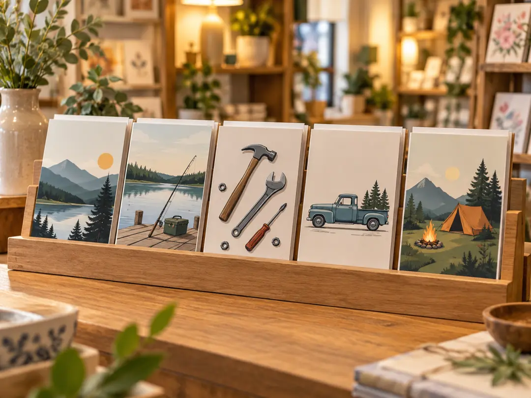 Small card display in a shop with printed Fathers Day greetings