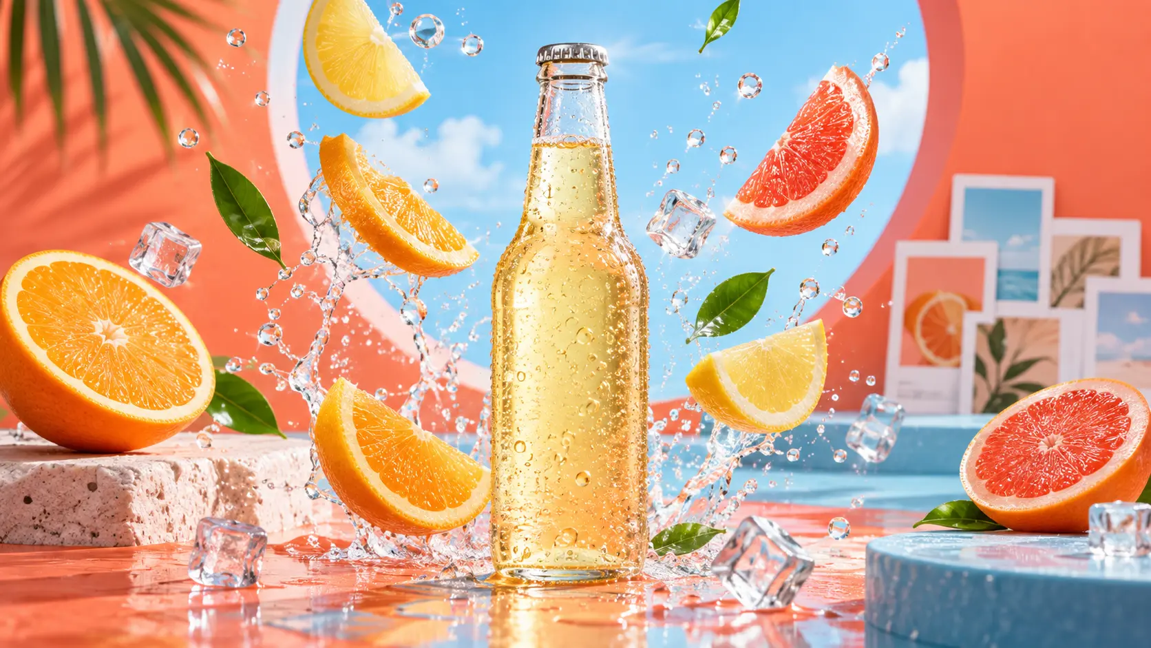 Bright citrus product advertising scene with a sparkling drink bottle, dynamic fruit, water droplets, and blank storyboard cards on a colorful studio set